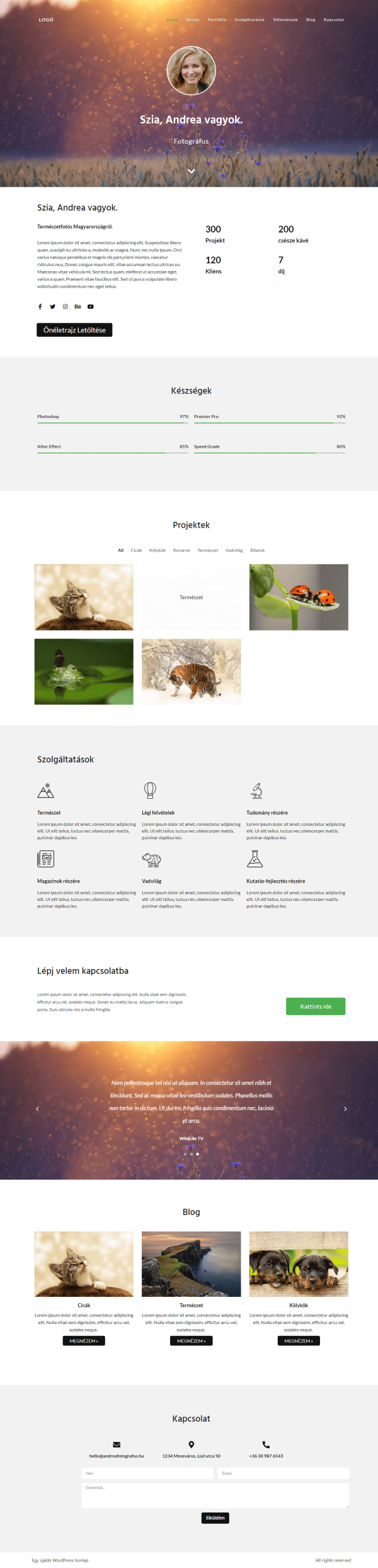 Fotográfus - portfólió jellegű wordpress oldal készítése, tartalmi elem