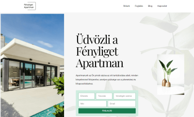 Fényliget Apartman - szálláshely portfólió jellegű weboldal HERO blokk